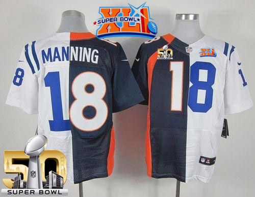 Nike Broncos #18 Peyton Manning Navy Blue/White Super Bowl XLI & Super Bowl 50 Men's Stitched NFL Elite Split Colts Jersey